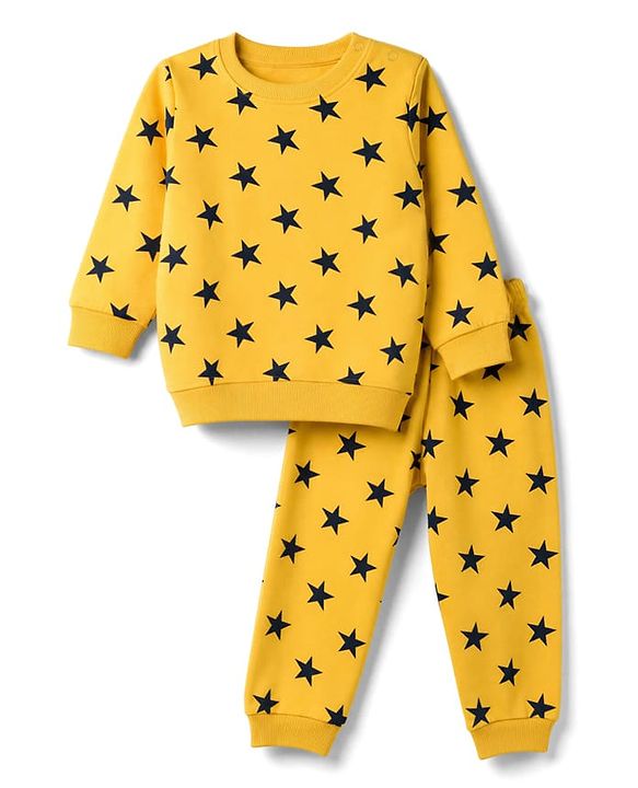 Babyhug Cotton Knit Full Sleeves Winter Wear Co-ords With Star Design - Yellow