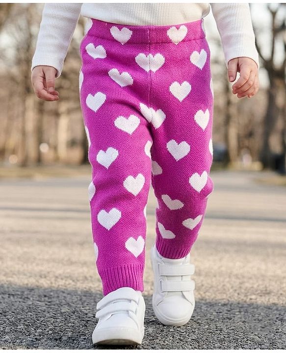 Babyhug Fur Knit Full Length Woollen Pant With Hearts Design - Pink
