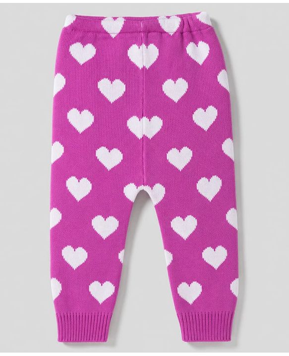 Babyhug Fur Knit Full Length Woollen Pant With Hearts Design - Pink