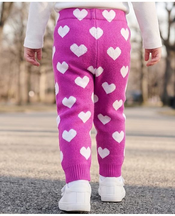 Babyhug Fur Knit Full Length Woollen Pant With Hearts Design - Pink