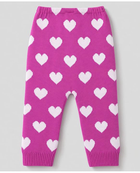 Babyhug Fur Knit Full Length Woollen Pant With Hearts Design - Pink