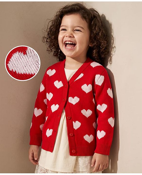 Babyhug Knit Full Sleeves Front Open Sweater  With Heart Design - Red