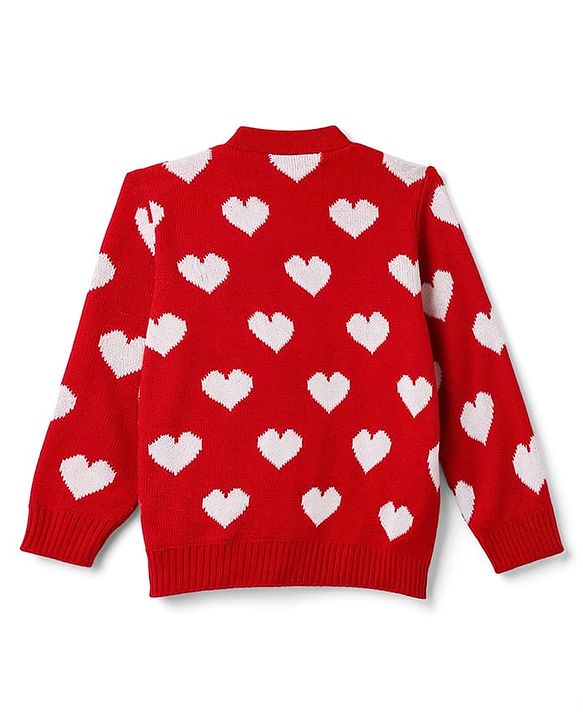 Babyhug Knit Full Sleeves Front Open Sweater  With Heart Design - Red