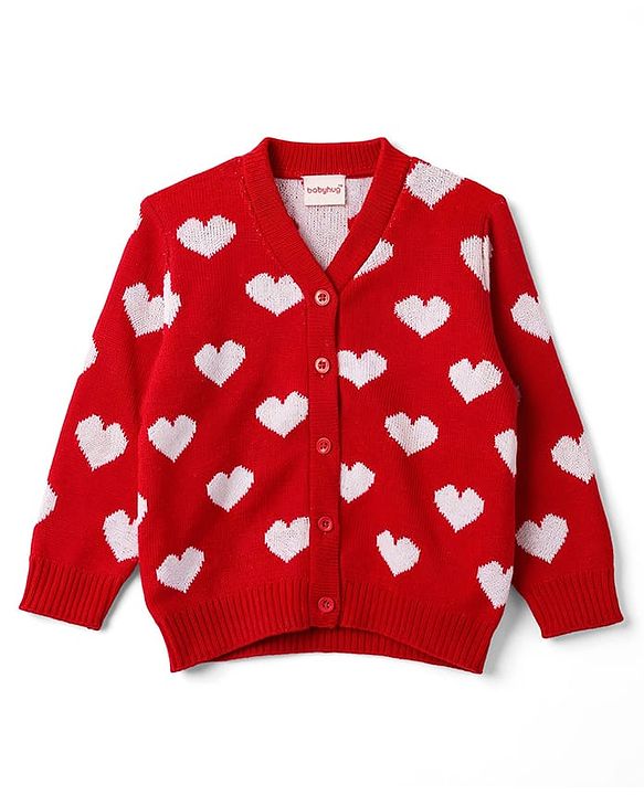 Babyhug Knit Full Sleeves Front Open Sweater  With Heart Design - Red