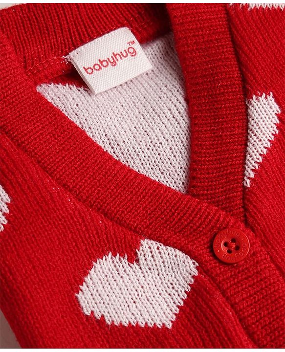 Babyhug Knit Full Sleeves Front Open Sweater  With Heart Design - Red