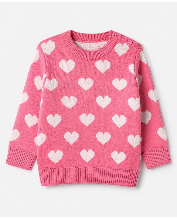 Babyhug Knit Full Sleeves Pullover with Hearts Design in Pink