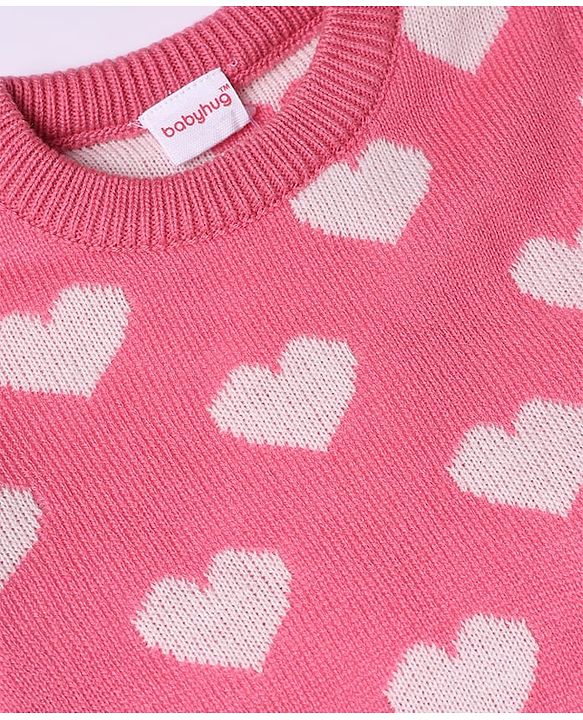 Babyhug Knit Full Sleeves Pullover with Hearts Design in Pink
