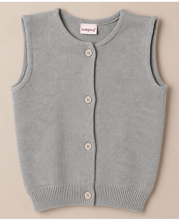 Babyhug Knit Sleeveless  Front Open Solid Colour Sweater - Grey