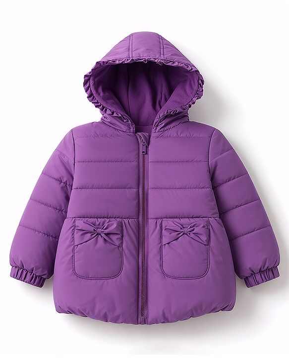 Babyhug Woven Full Sleeves Solid Colour Hooded Padded Jacket with Bow Applique - Purple