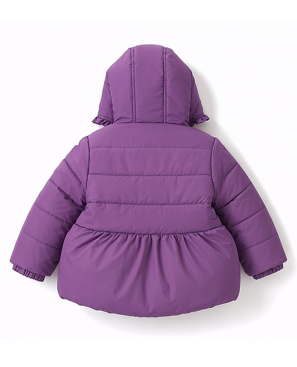 Babyhug Woven Full Sleeves Solid Colour Hooded Padded Jacket with Bow Applique - Purple