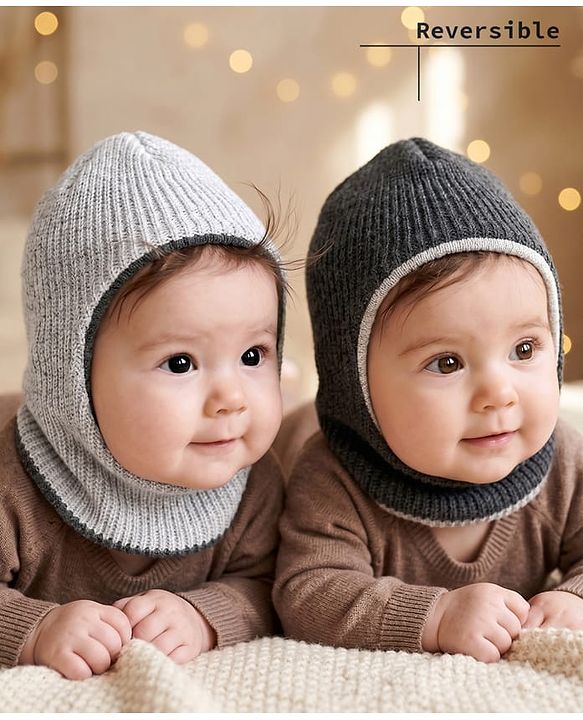 Babyhug Knit Solid Reversible Monkey Cap Light & Dark Grey - Diameter 10 cm