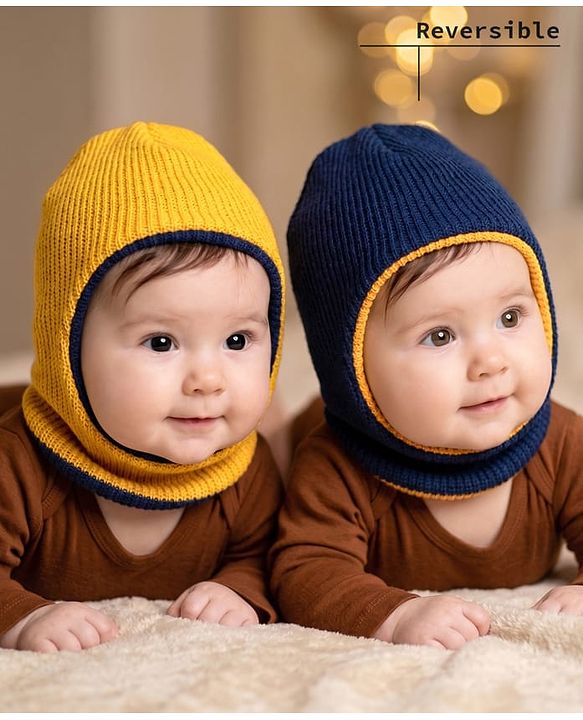 Babyhug Knit Solid Reversible Monkey Cap Yellow & Navy - Diameter 11 cm
