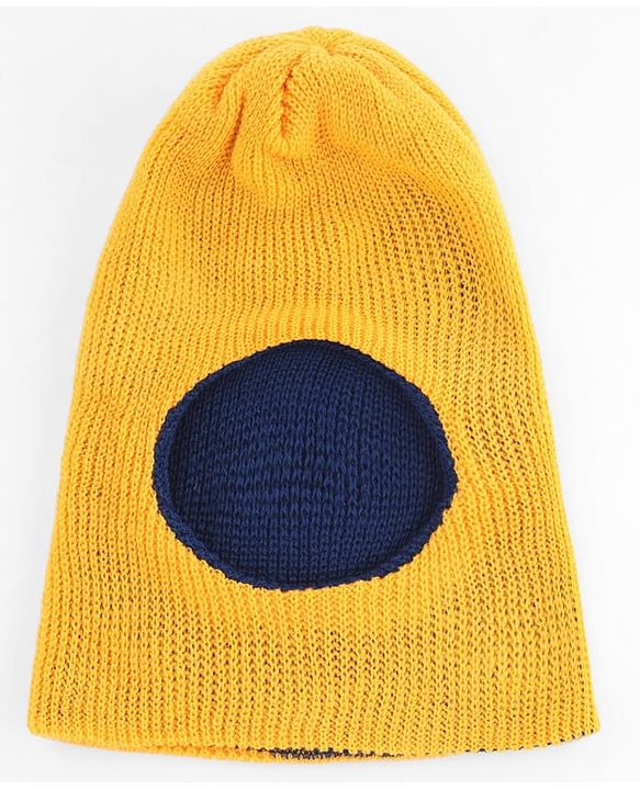 Babyhug Knit Solid Reversible Monkey Cap Yellow & Navy - Diameter 11 cm