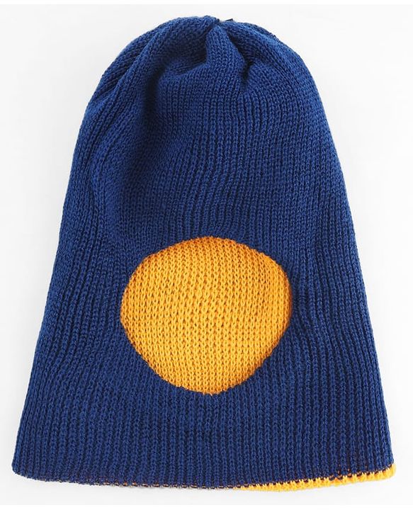 Babyhug Knit Solid Reversible Monkey Cap Yellow & Navy - Diameter 11 cm
