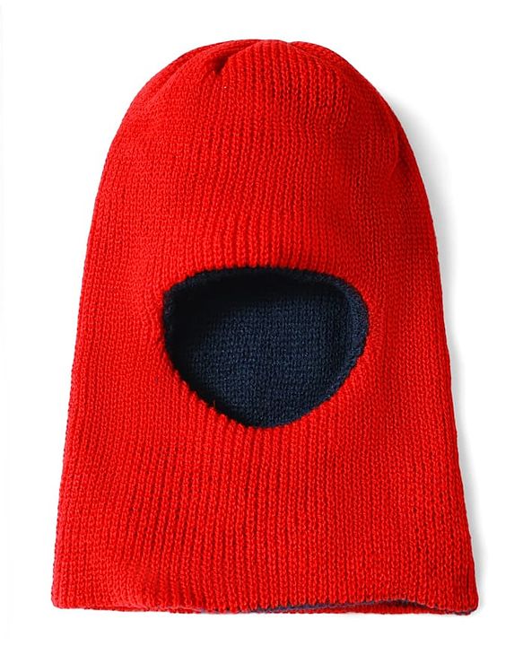 Babyhug Knit Solid Reversible Monkey Cap Red & Navy Blue - Diameter 15.5 cm