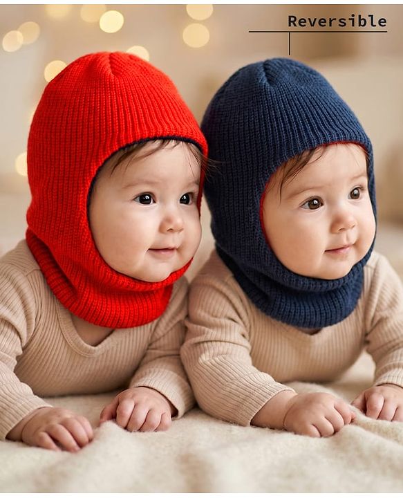 Babyhug Knit Solid Reversible Monkey Cap Red & Navy Blue - Diameter 15.5 cm