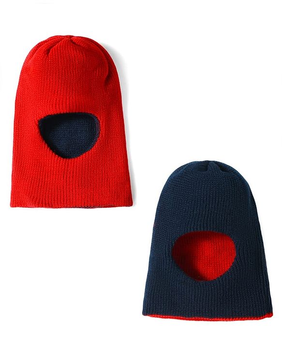 Babyhug Knit Solid Reversible Monkey Cap Red & Navy Blue - Diameter 15.5 cm