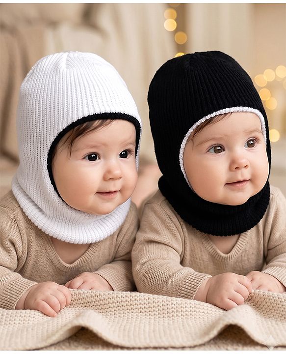Babyhug Knit Solid Reversible Monkey Cap Black & White - Diameter 10 cm