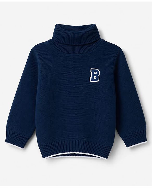 Babyhug Knit Full Sleeves Solid Pullover With B Embroidered - Navy Blue