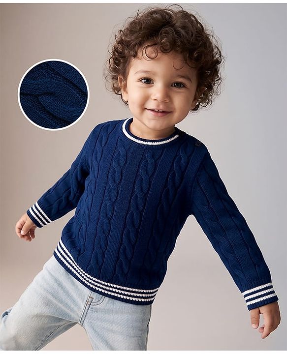 Babyhug Knit Full Sleeves Pullovers With Cable Knit Design  - Navy Blue