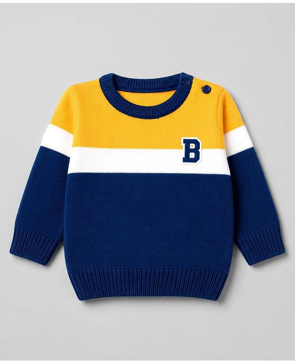 Babyhug Knit Full Sleeves Striped Pullover Sweater With Patch - Yellow