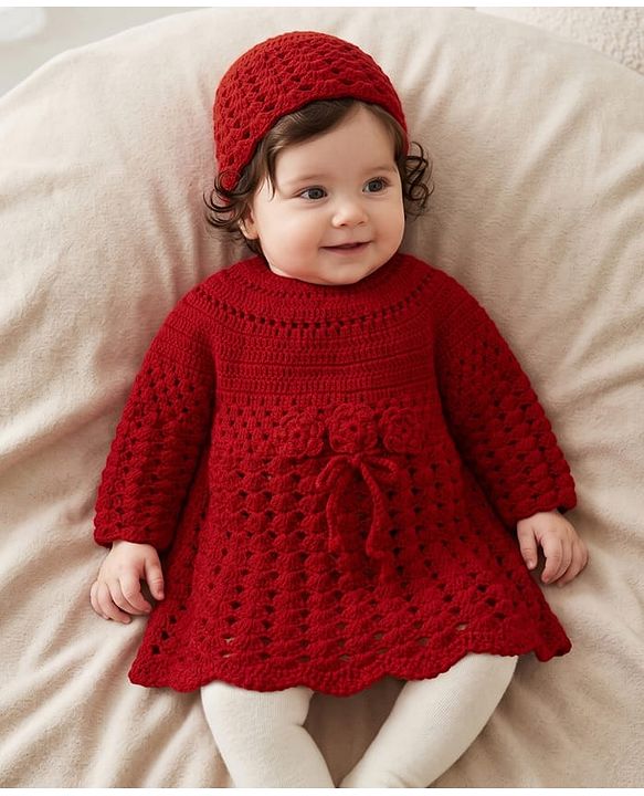 Babyhug Knit sweater-knit crochet Woolen Dress and Hat with Full Sleeves and Flower Embroidery - Red