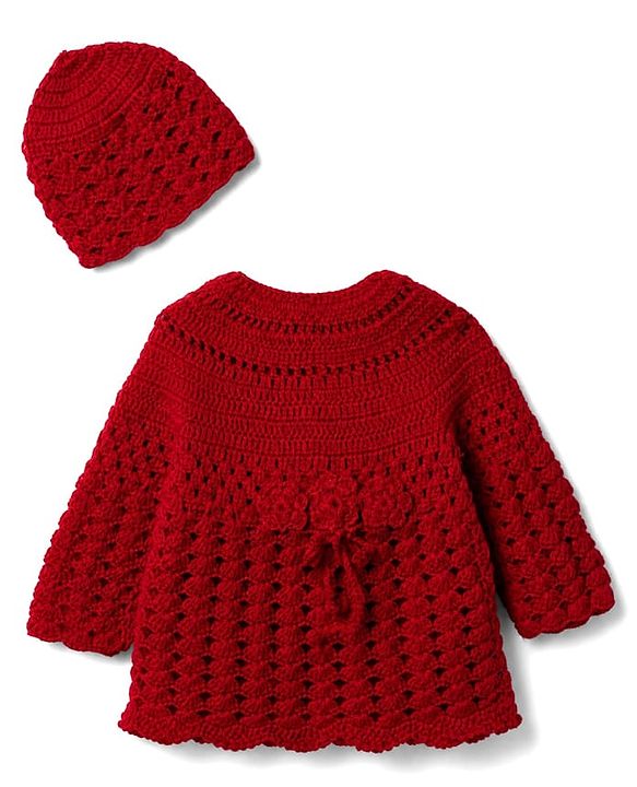 Babyhug Knit sweater-knit crochet Woolen Dress and Hat with Full Sleeves and Flower Embroidery - Red