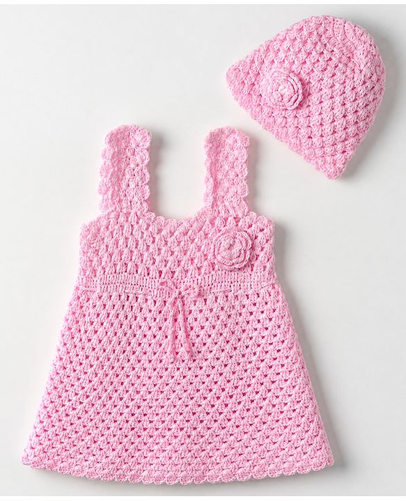 Babyhug Premium Woolen Dress with Sleeveless and Flower Applique & Cap in Pink