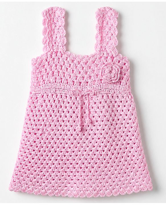 Babyhug Premium Woolen Dress with Sleeveless and Flower Applique & Cap in Pink