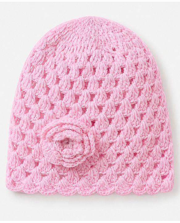 Babyhug Premium Woolen Dress with Sleeveless and Flower Applique & Cap in Pink