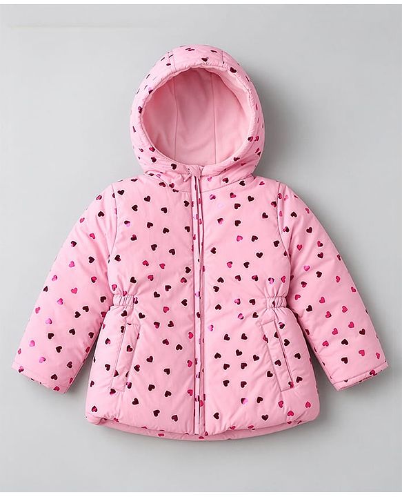 Babyhug Woven Hooded Padded Quilted Winter Hoodie with Full Sleeves and Hearts Foil Print - Pink