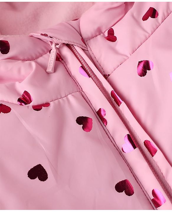 Babyhug Woven Hooded Padded Quilted Winter Hoodie with Full Sleeves and Hearts Foil Print - Pink