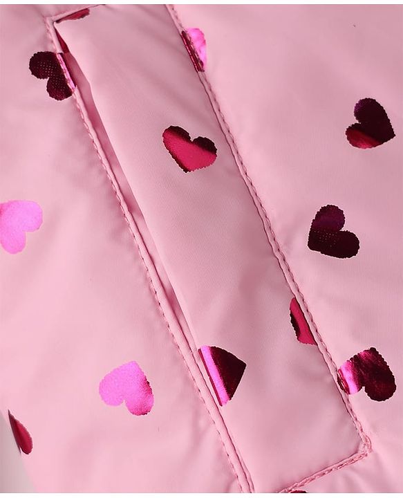 Babyhug Woven Hooded Padded Quilted Winter Hoodie with Full Sleeves and Hearts Foil Print - Pink