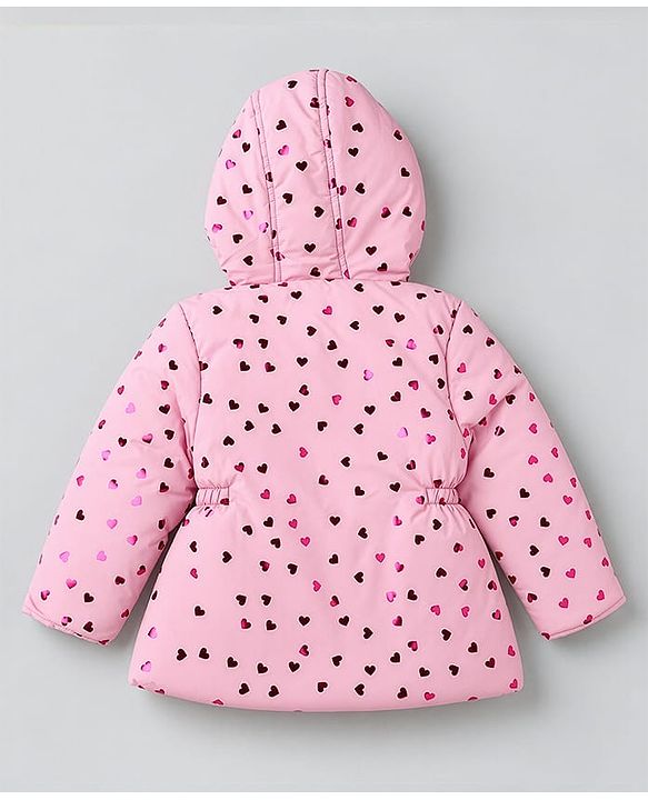 Babyhug Woven Hooded Padded Quilted Winter Hoodie with Full Sleeves and Hearts Foil Print - Pink
