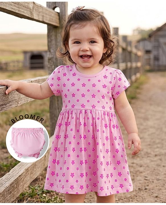 Babyhug Single Jersey Knit Half Sleeves Star Printed Frock With Bloomer - Pink