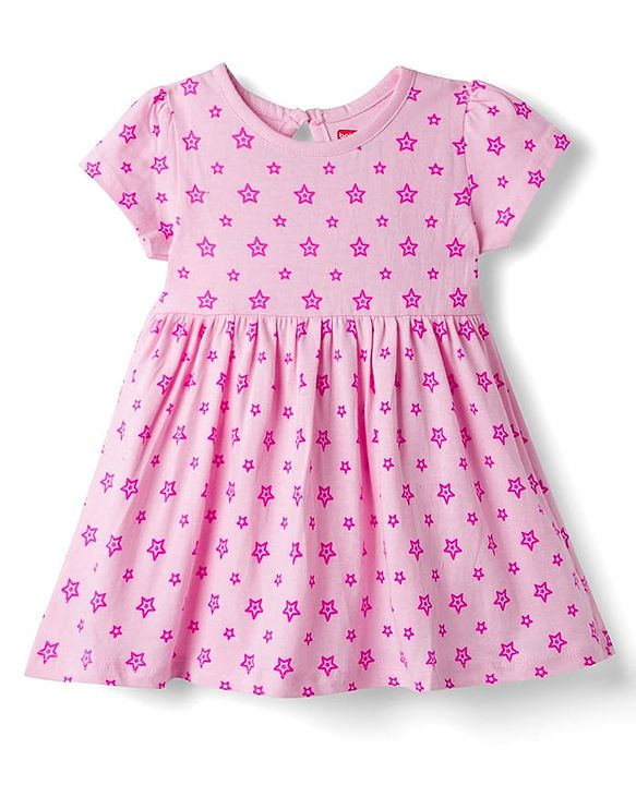 Babyhug Single Jersey Knit Half Sleeves Star Printed Frock With Bloomer - Pink