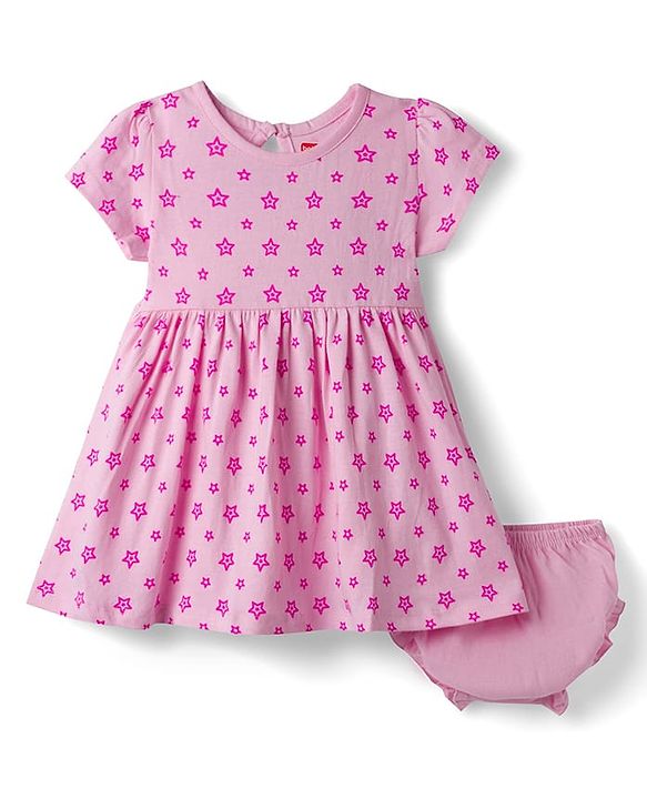 Babyhug Single Jersey Knit Half Sleeves Star Printed Frock With Bloomer - Pink