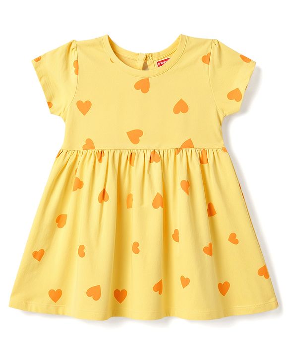 Babyhug Single Jersey Knit Half Sleeves Heart Printed Frock with Bloomer - Yellow