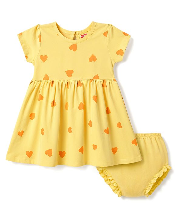 Babyhug Single Jersey Knit Half Sleeves Heart Printed Frock with Bloomer - Yellow