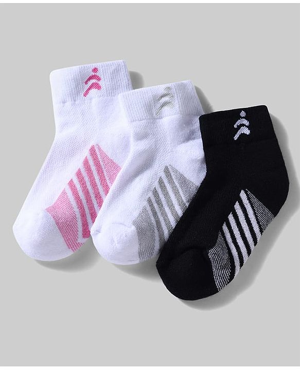Pine Active Cotton Lycra Knit Terry Breathable Ankle Length Athletic Socks Pack of 3 - White & Black