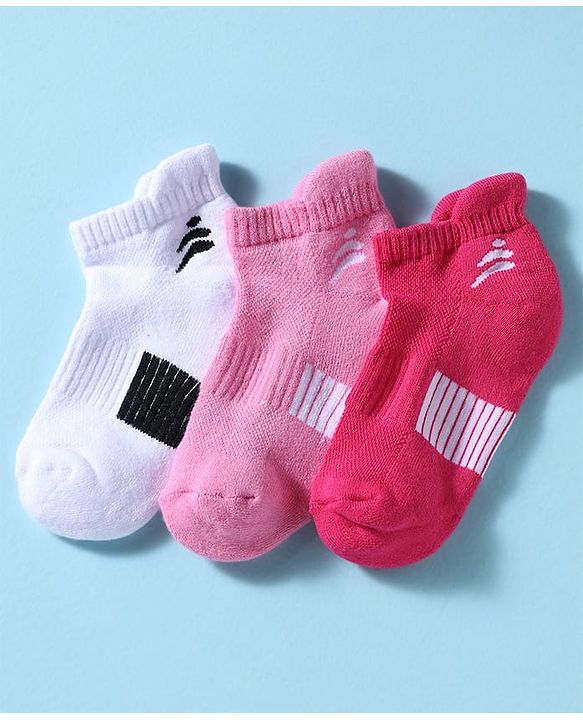 Pine Active Cotton Lycra Knit Terry Breathable Ankle Length Athletic Socks Pack of 3 - White, Red & Pink