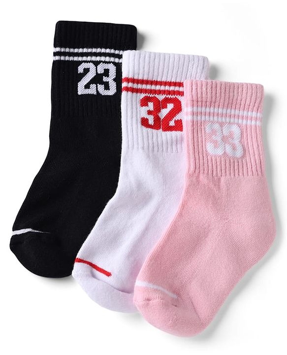 Pine Active Cotton Lycra Knit Terry Breathable Crew Calf Length Athletic Socks With Numeric Text Design Pack of 3 - White, Black & Pink