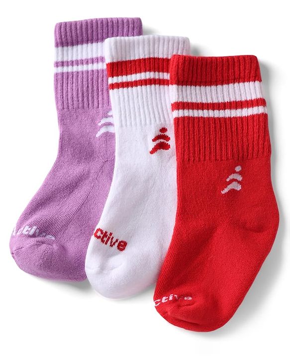 Pine Active Cotton Lycra Knit Terry Breathable Crew Length Athletic Socks With Text Design Pack of 3 - White, Lilac & Red