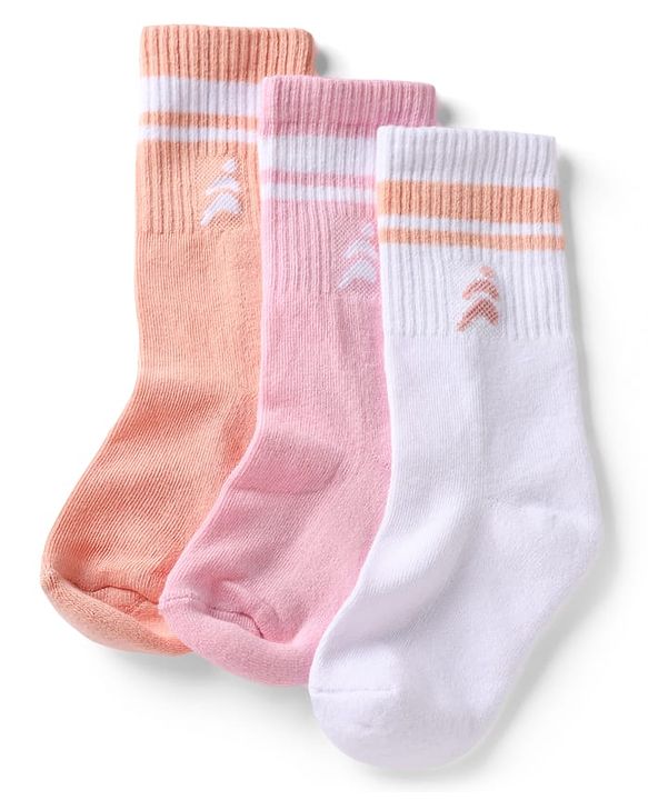Pine Active Cotton Lycra Knit Terry Breathable Mid Calf Length Athletic Socks With Design Pack of 3 - White, Pink & Orange