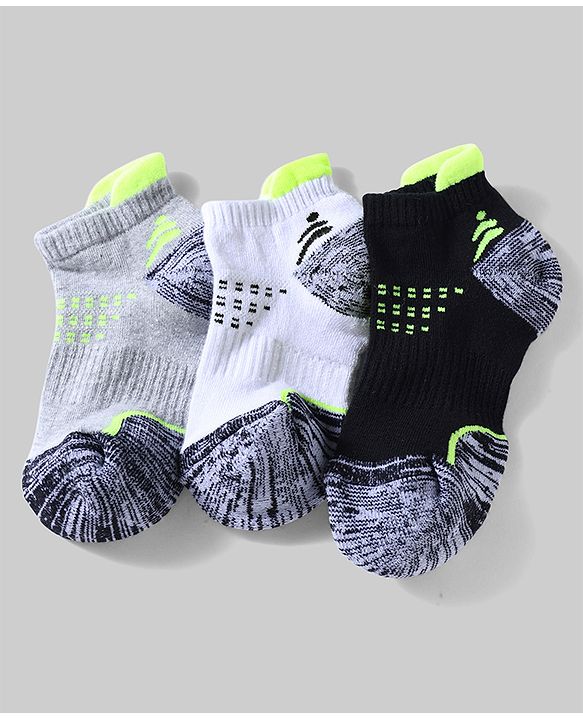 Pine Active Cotton Lycra Knit Terry Breathable Ankle Length Athletic Socks Pack of 3 - White, Grey & Black