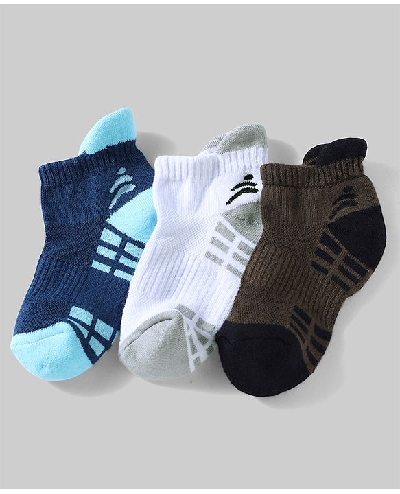 Pine Active Cotton Lycra Knit Terry Breathable Ankle Length Athletic Socks Pack of 3 - White, Black & Light Blue