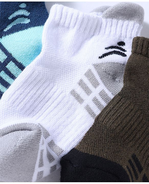 Pine Active Cotton Lycra Knit Terry Breathable Ankle Length Athletic Socks Pack of 3 - White, Black & Light Blue