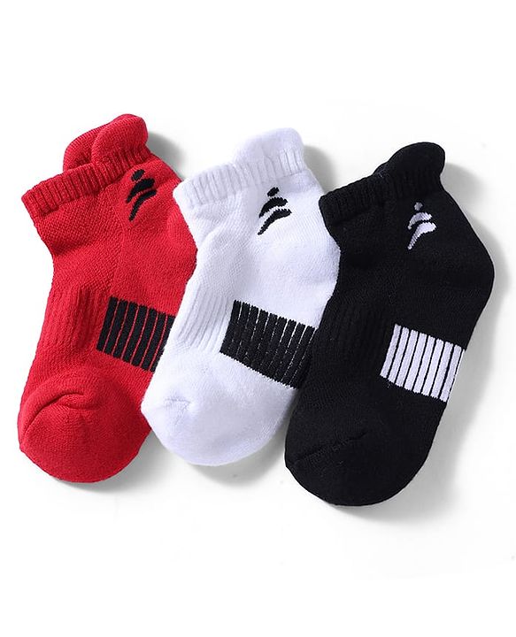 Pine Active Cotton Lycra Knit Terry Breathable Ankle Length Athletic Socks Pack of 3 - White, Red & Black