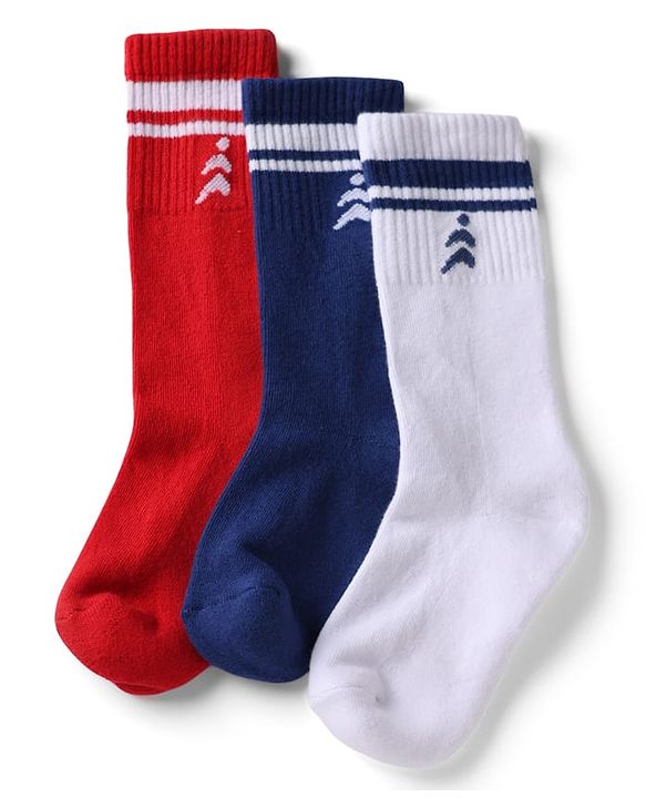 Pine Active Cotton Lycra Knit Terry Breathable Knee Length Football Socks With Design Pack of 3 - White, Blue & Red