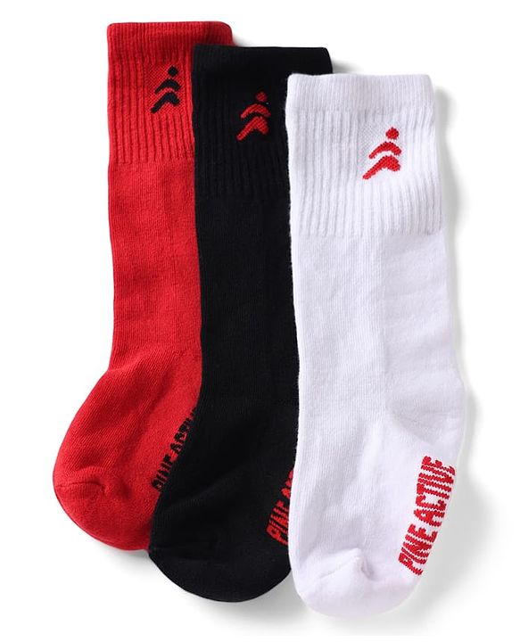 Pine Active Cotton Lycra Knit Terry Breathable Knee Length Football Socks With Text Design Pack of 3 - White, Black & Red